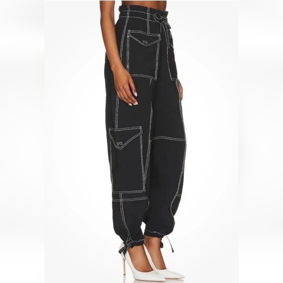 Ganni Pants - GANNI Wide Leg Cargo Pants Black with White Stitching Size 38